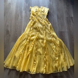 hutch design yara yellow ruffle detail strapless maxi gown dress size 2 NEW